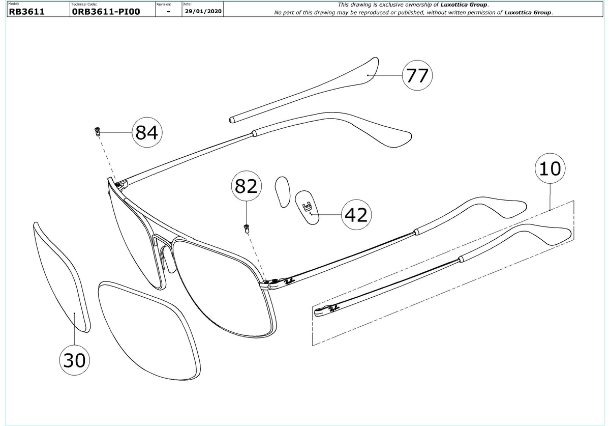 Enlarged technical drawing of the Ray-Ban RB3611 Replacement Parts