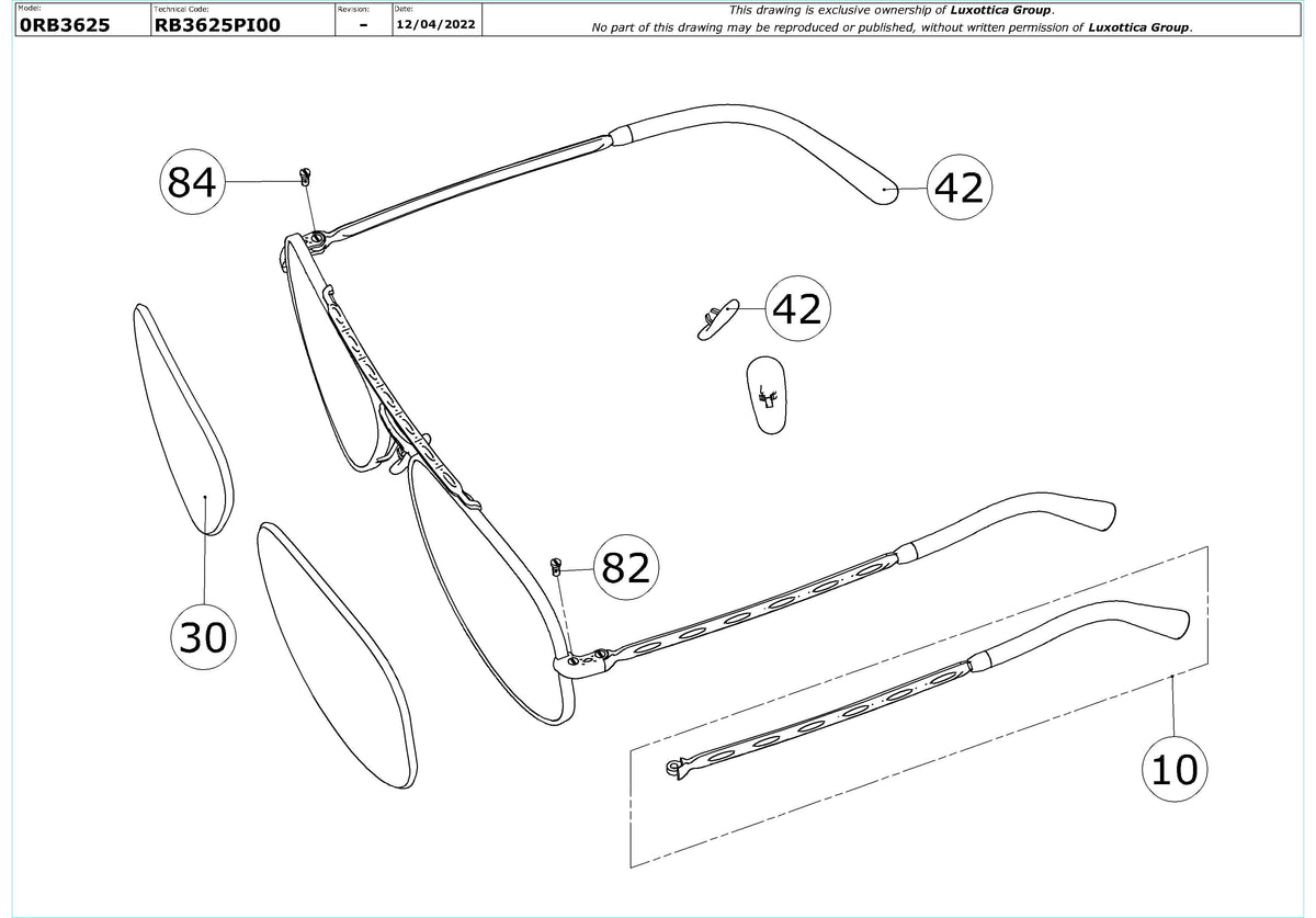 Exploded technical drawing of the Ray-Ban New Aviator RB3625 Replacement Parts, with each replacement part numbered