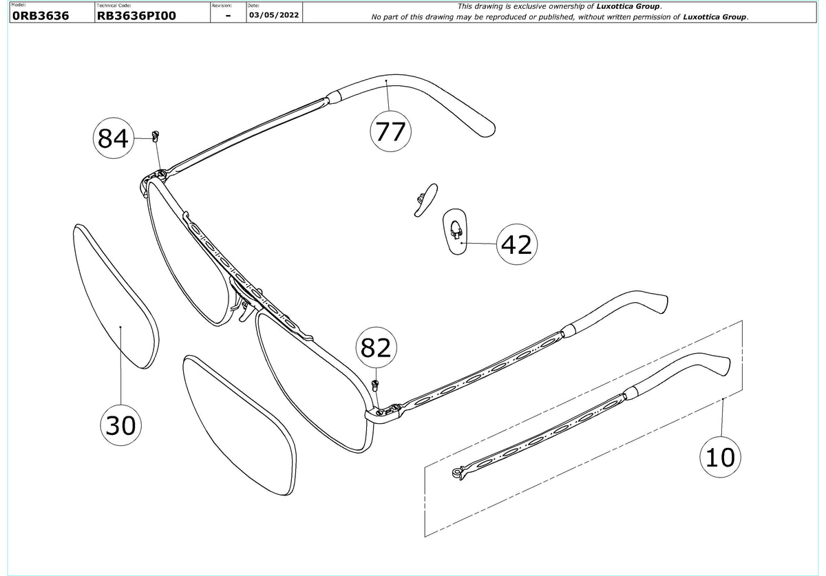 Exploded technical drawing of the Ray-Ban New Caravan RB3636 Replacement Parts, with each replacement part numbered