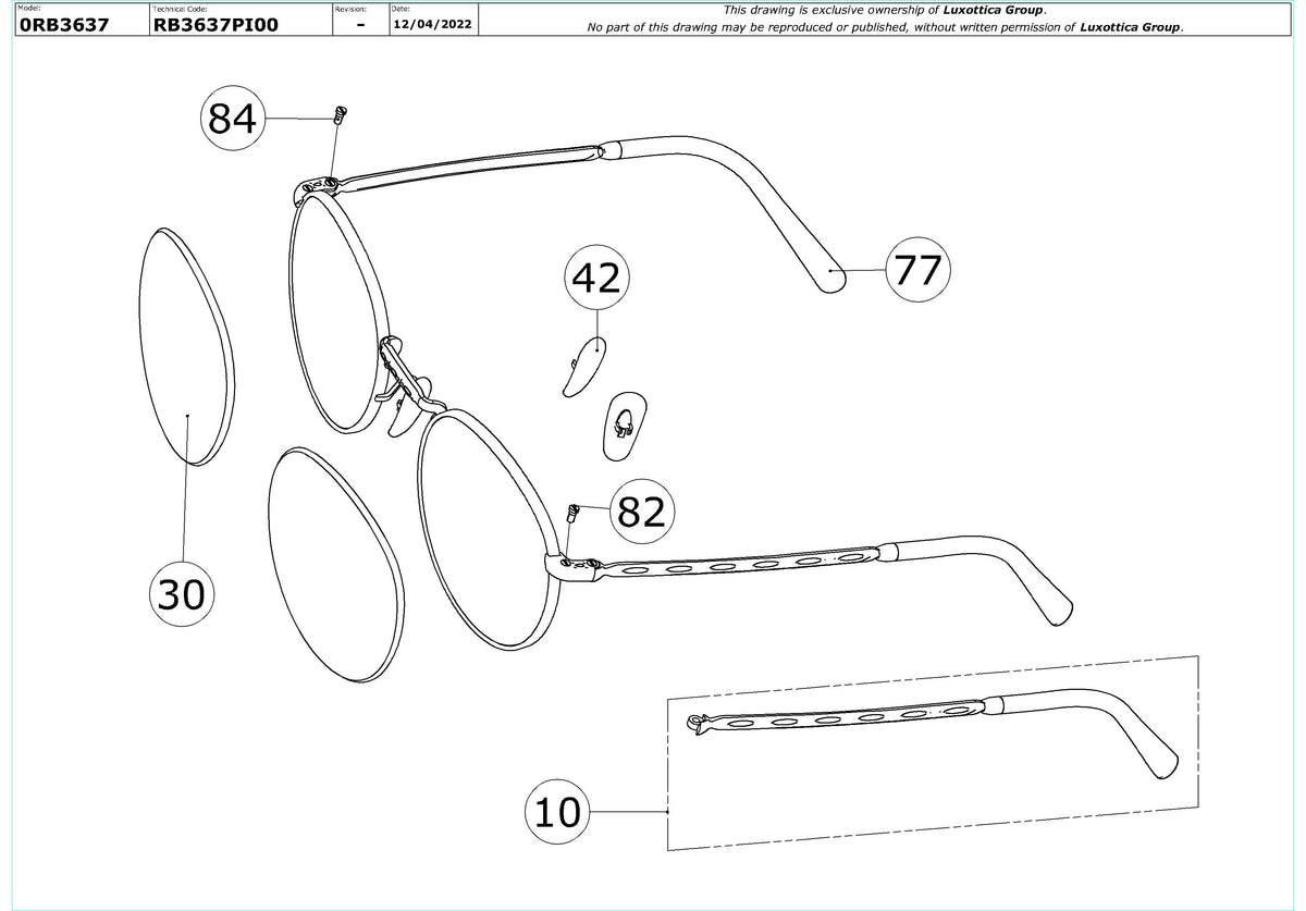Exploded technical drawing of the Ray-Ban New Round RB3637 Replacement Parts, with each replacement part numbered
