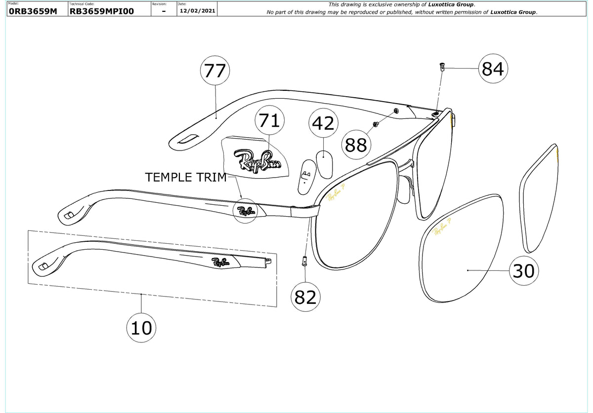 Enlarged technical drawing of the Ray-Ban RB3659M Replacement Parts