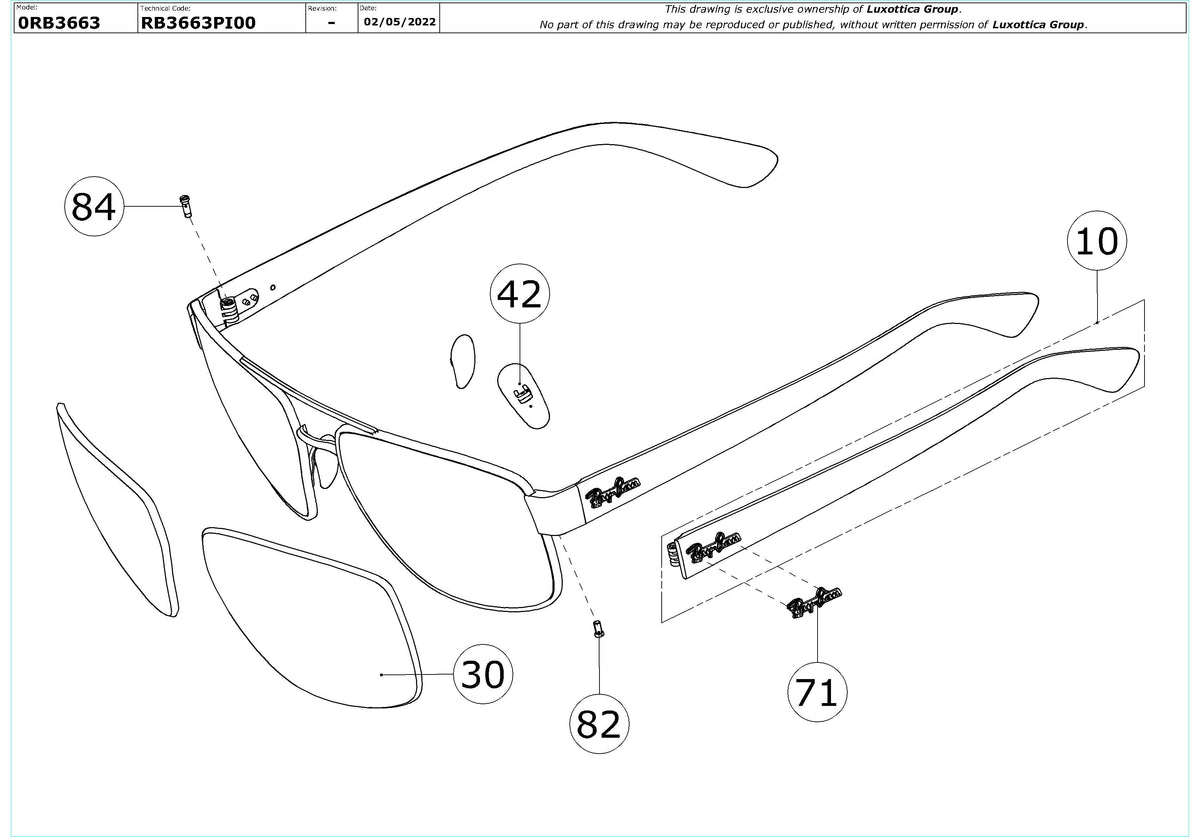 Exploded technical drawing of the Ray-Ban RB3663 Replacement Parts, with each replacement part numbered