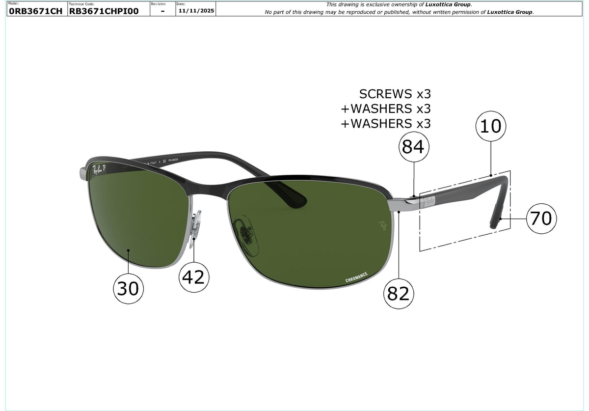 Enlarged technical drawing of the Ray-Ban RB3671CH Replacement Parts