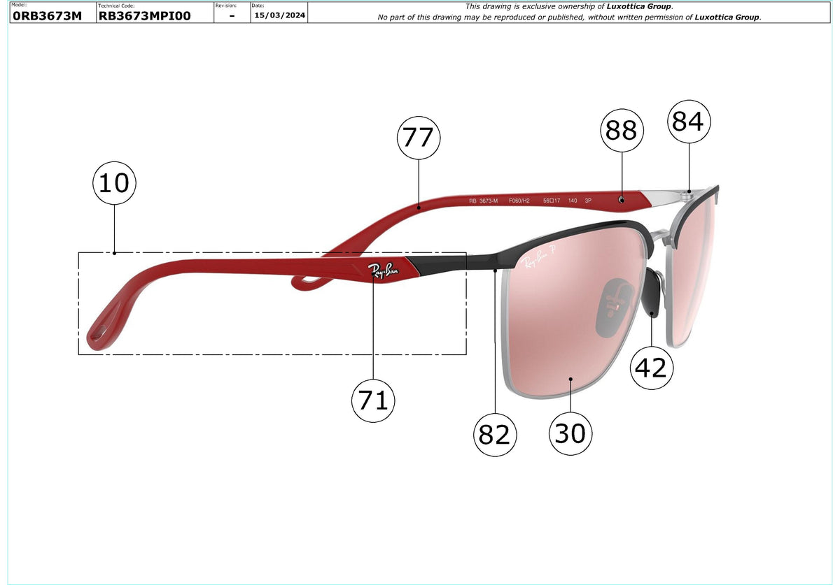 Exploded technical drawing of the Ray-Ban RB3673M Replacement Parts, with each replacement part numbered
