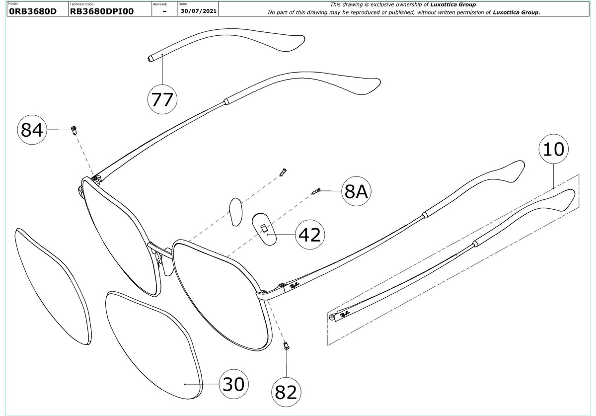 Exploded technical drawing of the Ray-Ban RB3680D Replacement Parts, with each replacement part numbered
