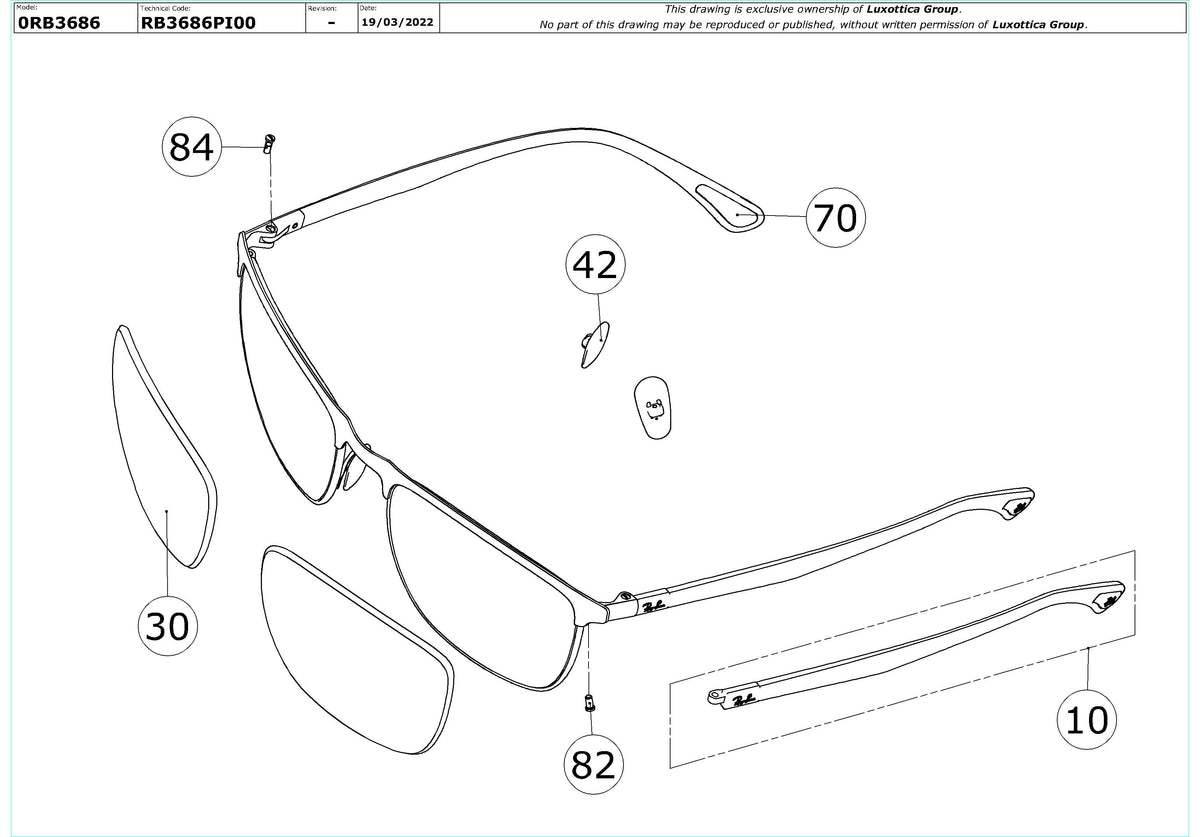 Exploded technical drawing of the Ray-Ban RB3686 Replacement Parts, with each replacement part numbered