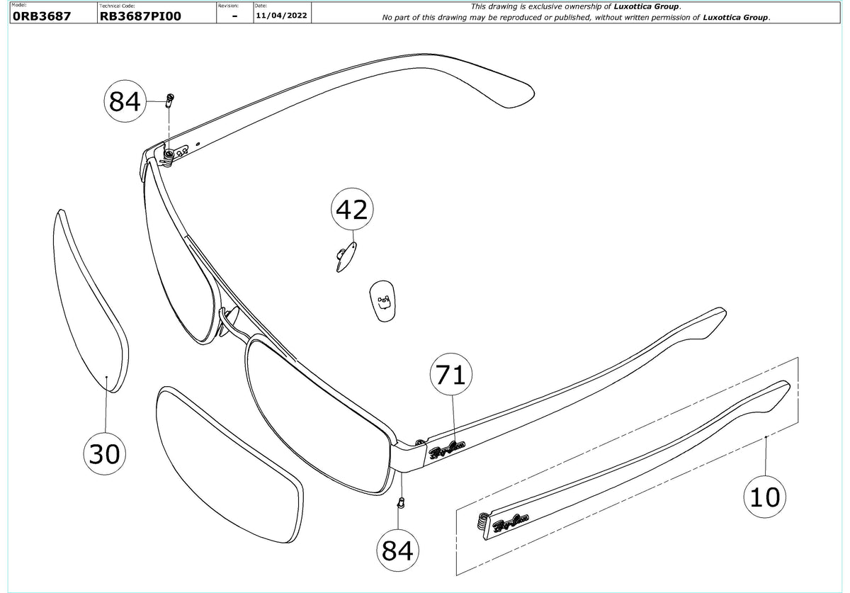 Exploded technical drawing of the Ray-Ban RB3687 Replacement Parts, with each replacement part numbered