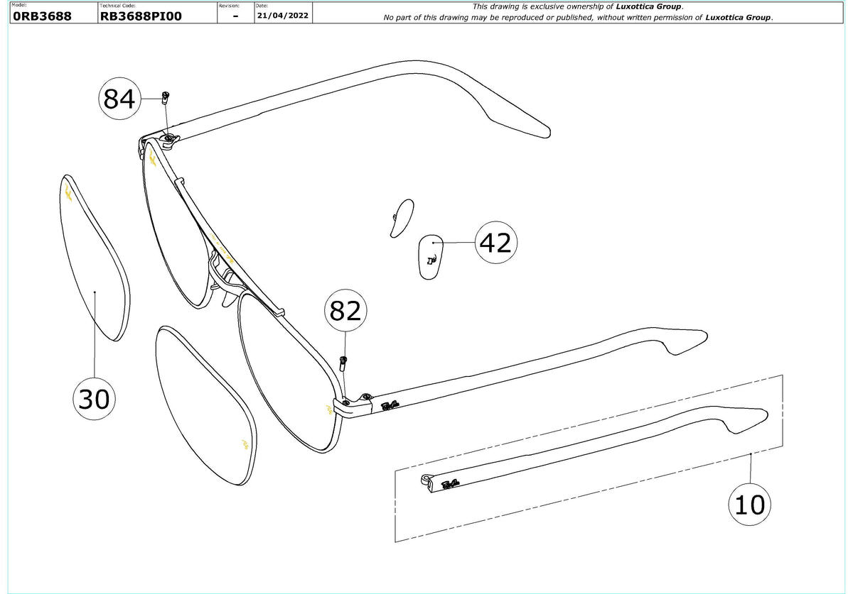 Exploded technical drawing of the Ray-Ban RB3688 Replacement Parts, with each replacement part numbered