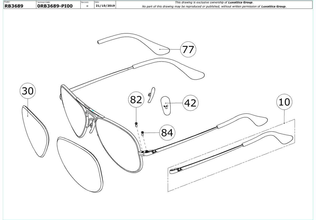 Enlarged technical drawing of the Ray-Ban Aviator Metal II RB3689 Replacement Parts