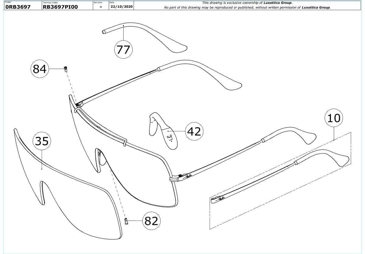 Exploded technical drawing of the Ray-Ban Wings II RB3697 Replacement Parts, with each replacement part numbered