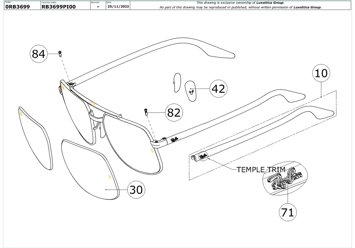Enlarged technical drawing of the Ray-Ban RB3699 Replacement Parts