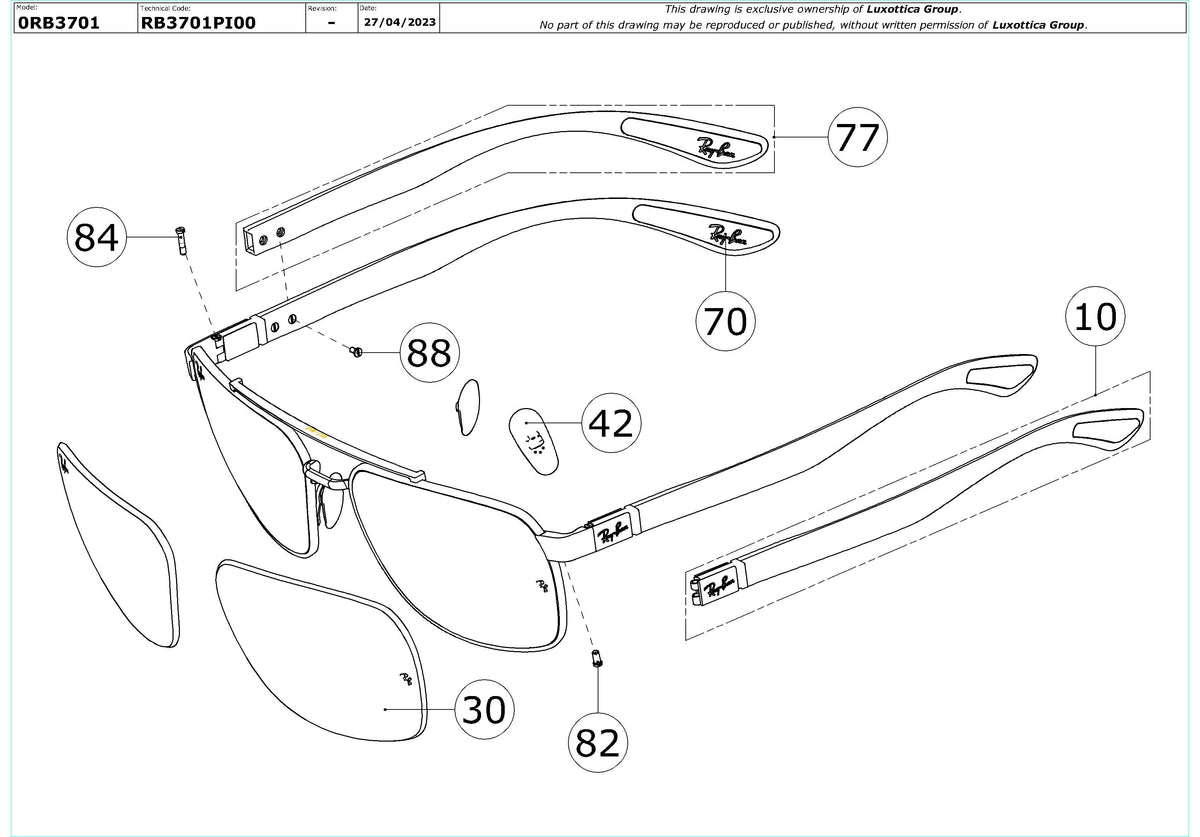 Exploded technical drawing of the Ray-Ban RB3701 Replacement Parts, with each replacement part numbered