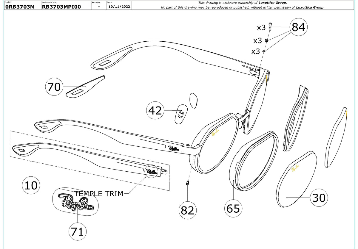 Enlarged technical drawing of the Ray-Ban RB3703M Replacement Parts