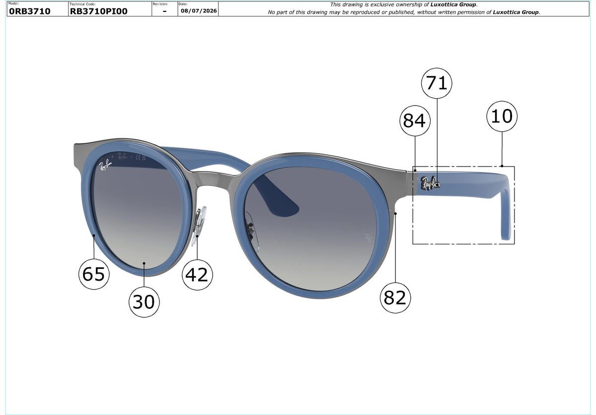 Enlarged technical drawing of the Ray-Ban Bonnie RB3710 Replacement Parts