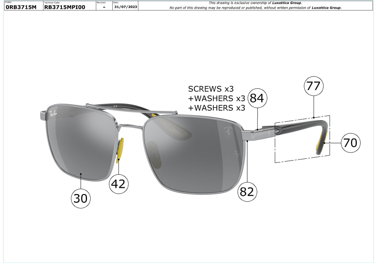 Enlarged technical drawing of the Ray-Ban RB3715M Replacement Parts