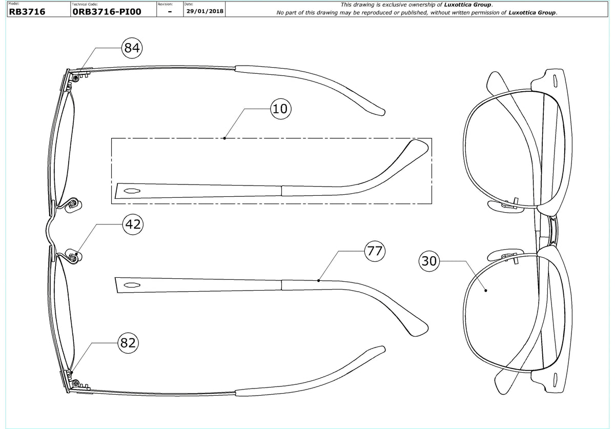 Enlarged technical drawing of the Ray-Ban Clubmaster Metal RB3716 Replacement Parts