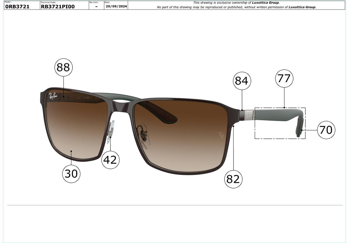 Exploded technical drawing of the Ray-Ban RB3721 Replacement Parts, with each replacement part numbered