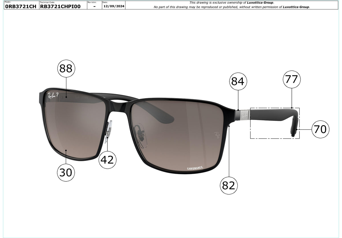 Enlarged technical drawing of the Ray-Ban RB3721CH Replacement Parts