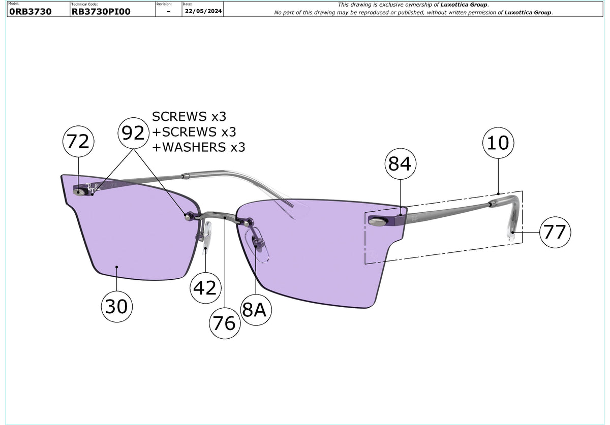 Enlarged technical drawing of the Ray-Ban Xime RB3730 Replacement Parts
