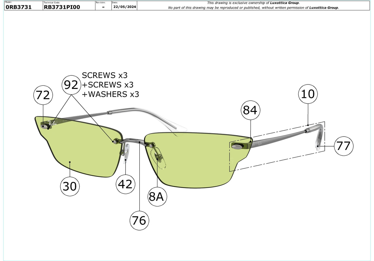Enlarged technical drawing of the Ray-Ban Anh RB3731 Replacement Parts