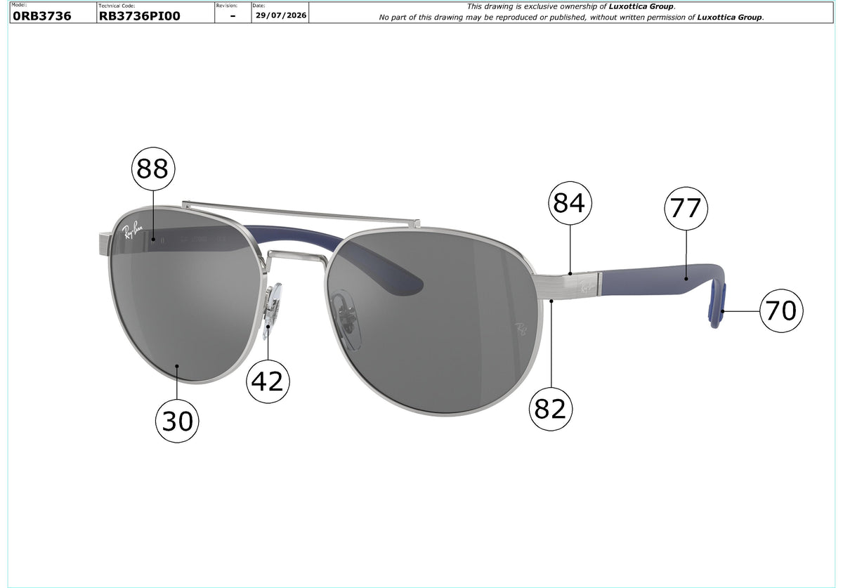 Exploded technical drawing of the Ray-Ban RB3736 Replacement Parts, with each replacement part numbered