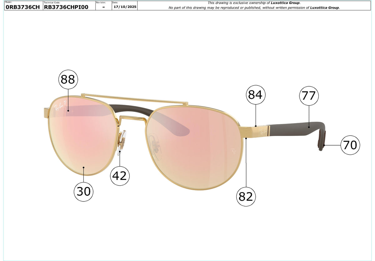 Exploded technical drawing of the Ray-Ban RB3736CH Replacement Parts, with each replacement part numbered