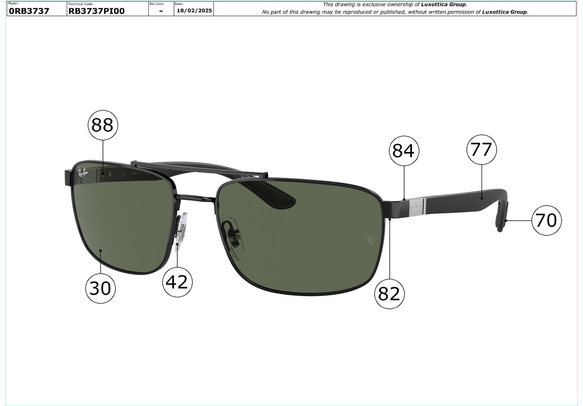 Enlarged technical drawing of the Ray-Ban RB3737 Replacement Parts