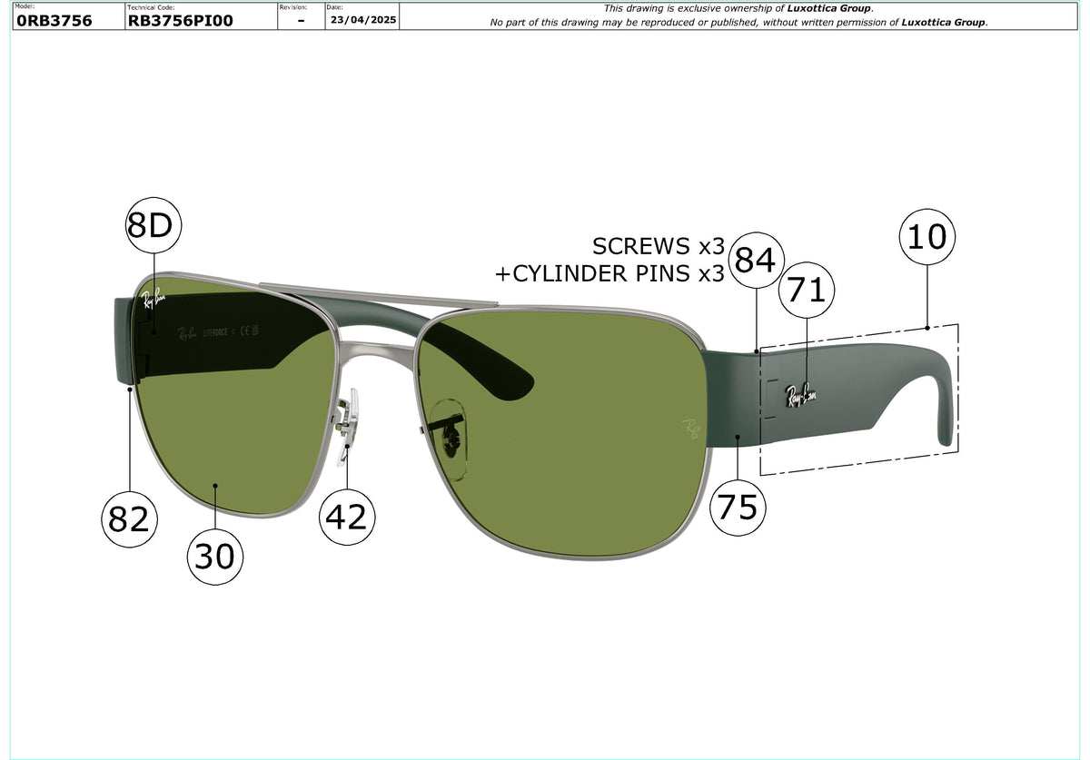 Enlarged technical drawing of the Ray-Ban RB3756 Replacement Parts