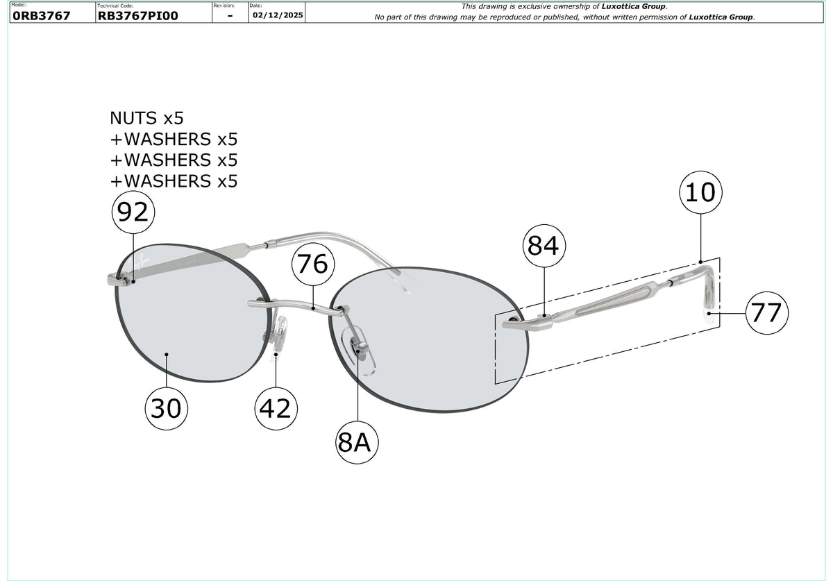 Exploded technical drawing of the Ray-Ban RB3767 Replacement Parts, with each replacement part numbered