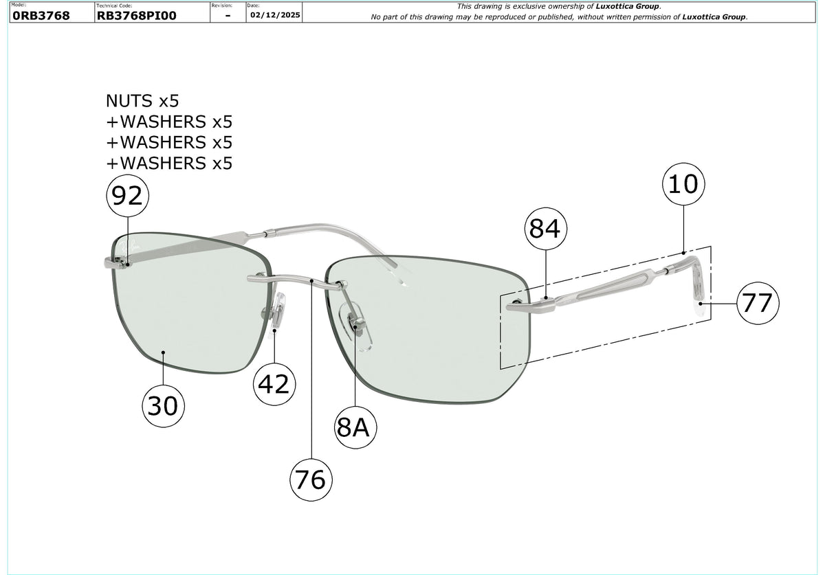 Exploded technical drawing of the Ray-Ban RB3768 Replacement Parts, with each replacement part numbered