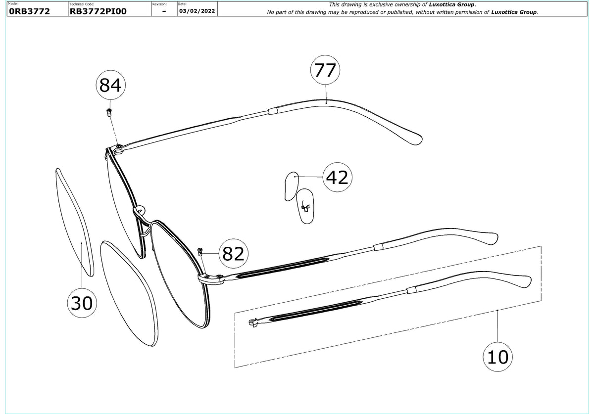 Exploded technical drawing of the Ray-Ban Rob RB3772 Replacement Parts, with each replacement part numbered