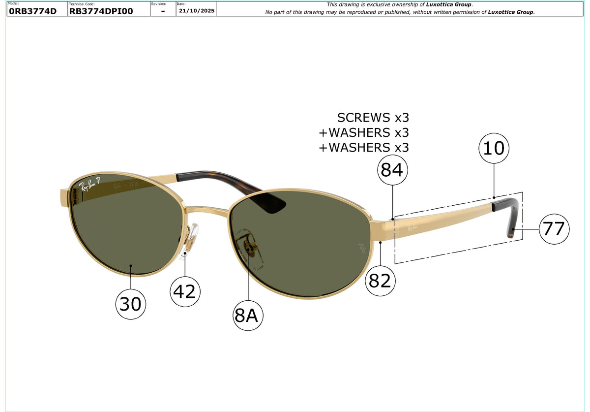 Enlarged technical drawing of the Ray-Ban RB3774D Replacement Parts