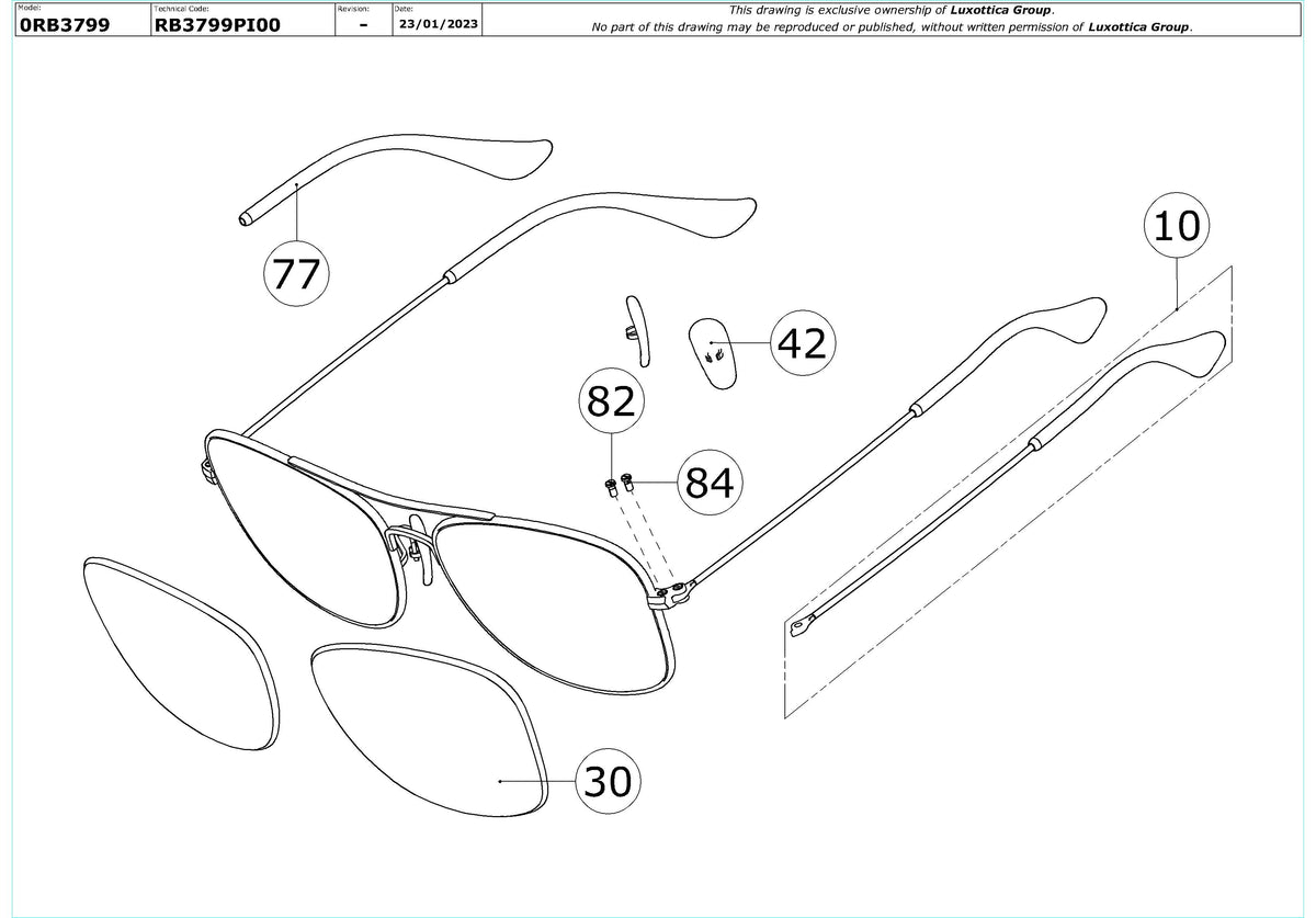 Enlarged technical drawing of the Ray-Ban RB3799 Replacement Parts