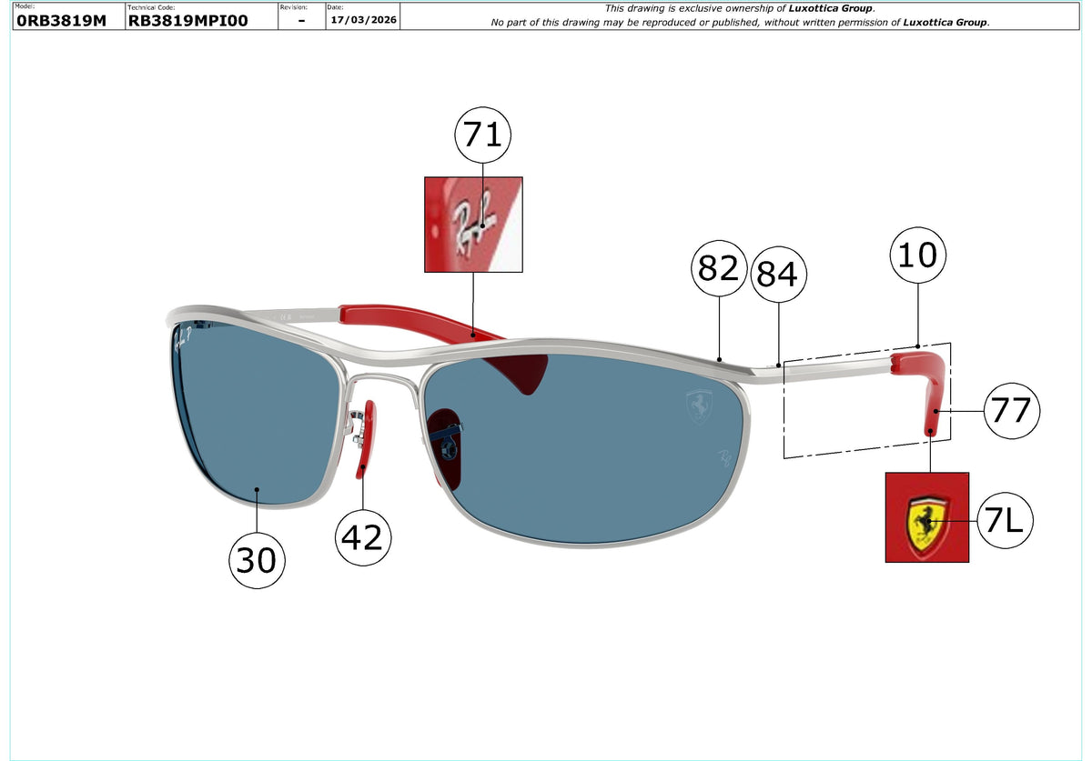 Enlarged technical drawing of the Ray-Ban RB3819M Replacement Parts