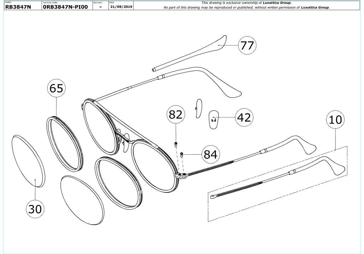 Exploded technical drawing of the Ray-Ban RB3847N Replacement Parts, with each replacement part numbered