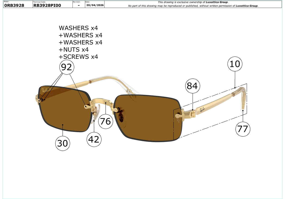 Enlarged technical drawing of the Ray-Ban RB3928 Replacement Parts