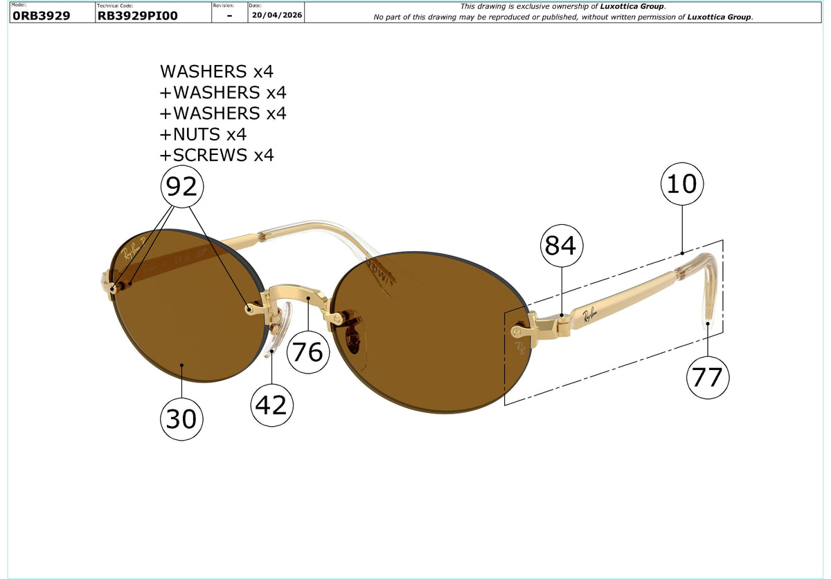 Exploded technical drawing of the Ray-Ban RB3929 Replacement Parts, with each replacement part numbered