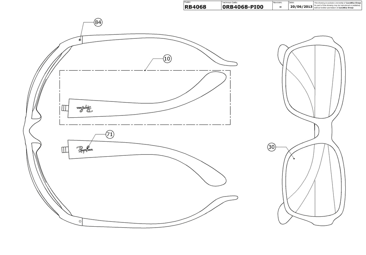 Exploded technical drawing of the Ray-Ban RB4068 Replacement Parts, with each replacement part numbered