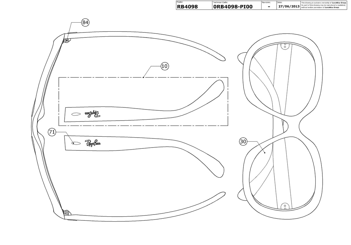Exploded technical drawing of the Ray-Ban Jackie Ohh II RB4098 Replacement Parts, with each replacement part numbered