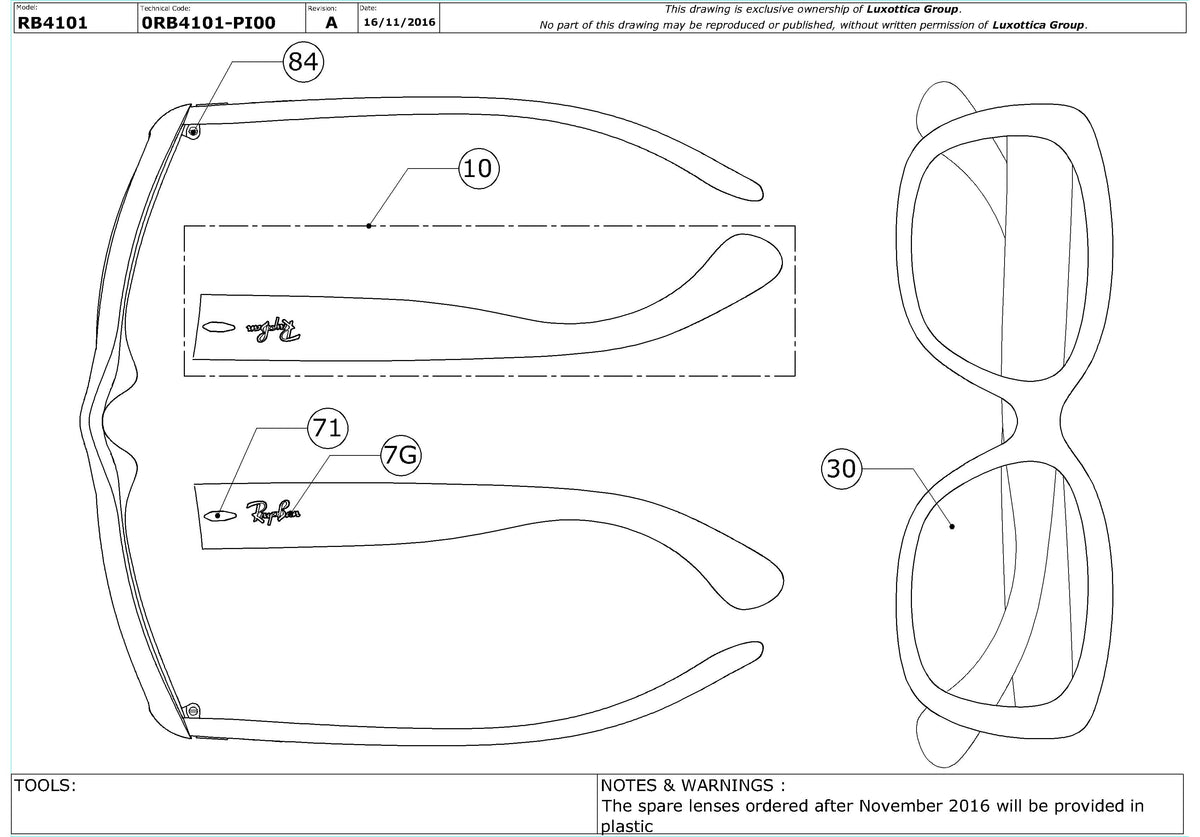 Exploded technical drawing of the Ray-Ban Jackie Ohh RB4101 Replacement Parts, with each replacement part numbered