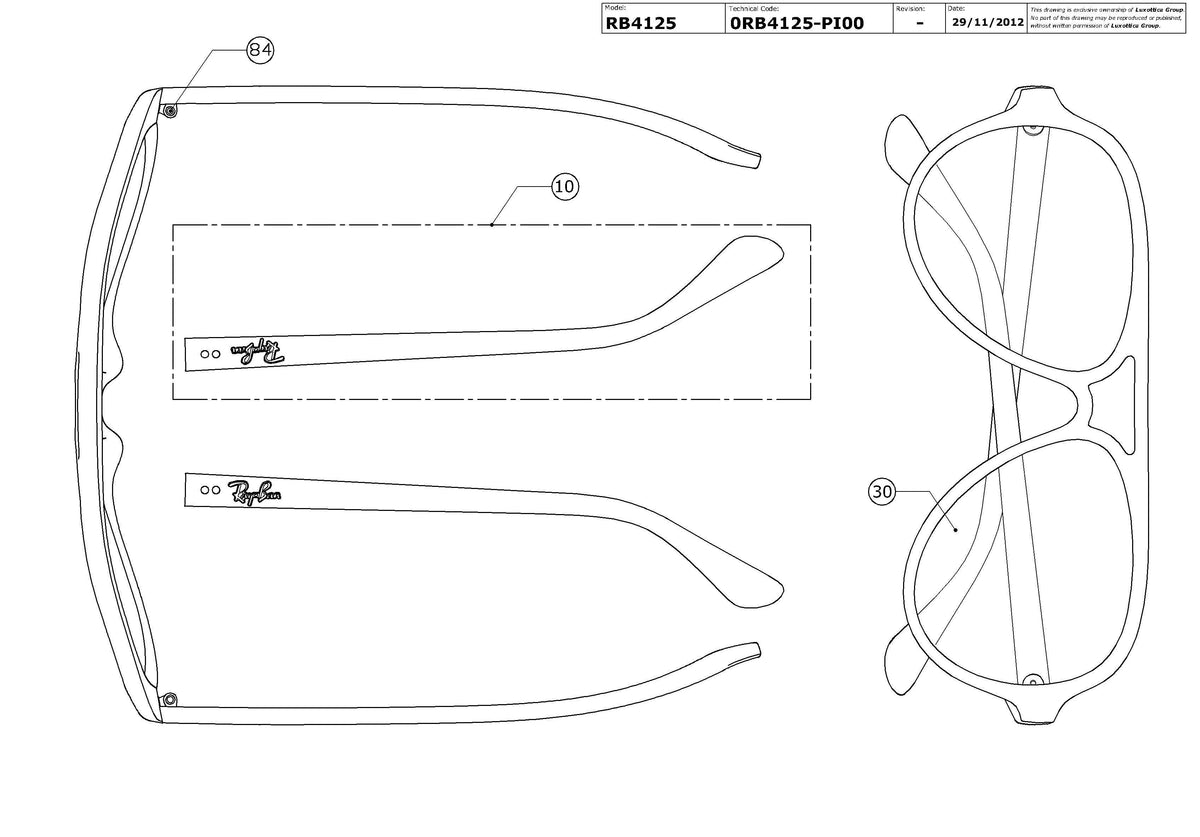 Exploded technical drawing of the Ray-Ban Cats 5000 RB4125 Replacement Parts, with each replacement part numbered