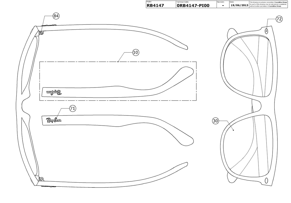 Exploded technical drawing of the Ray-Ban Boyfriend RB4147 Replacement Parts, with each replacement part numbered