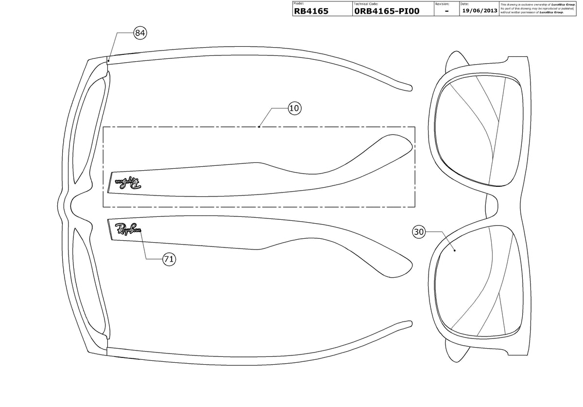 Enlarged technical drawing of the Ray-Ban Justin RB4165 Replacement Parts