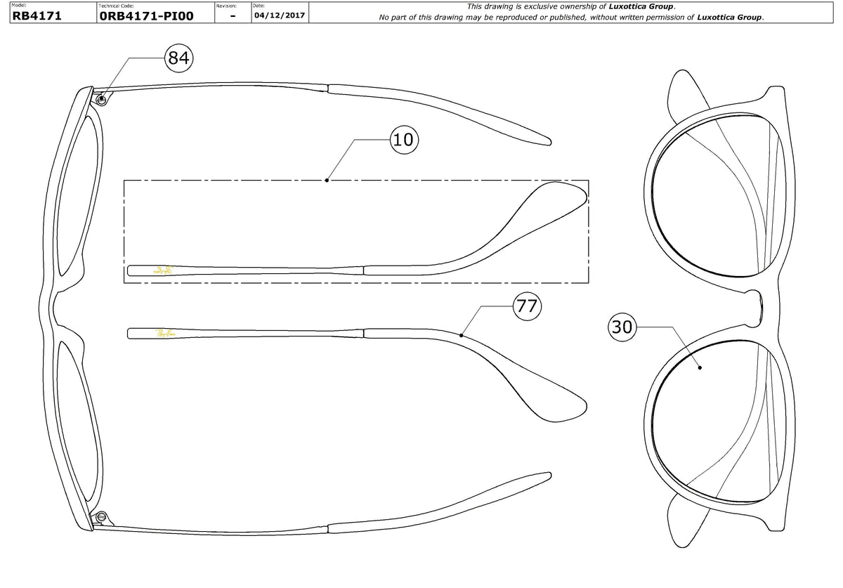 Exploded technical drawing of the Ray-Ban Erika RB4171 Replacement Parts, with each replacement part numbered