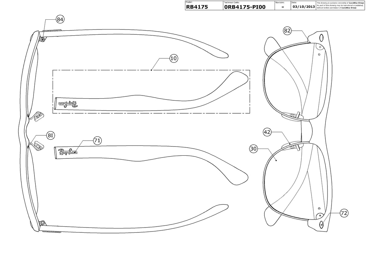 Exploded technical drawing of the Ray-Ban Clubmaster Oversized RB4175 Replacement Parts, with each replacement part numbered