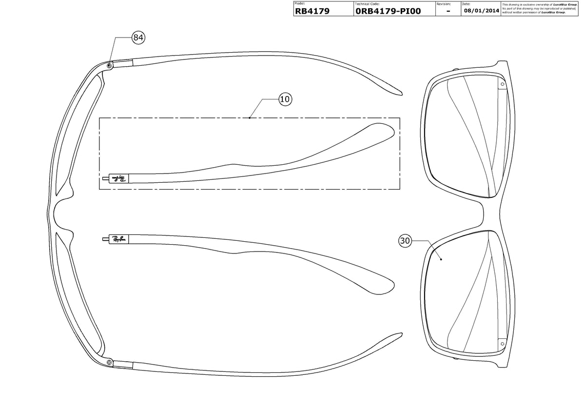 Exploded technical drawing of the Ray-Ban Liteforce RB4179 Replacement Parts, with each replacement part numbered