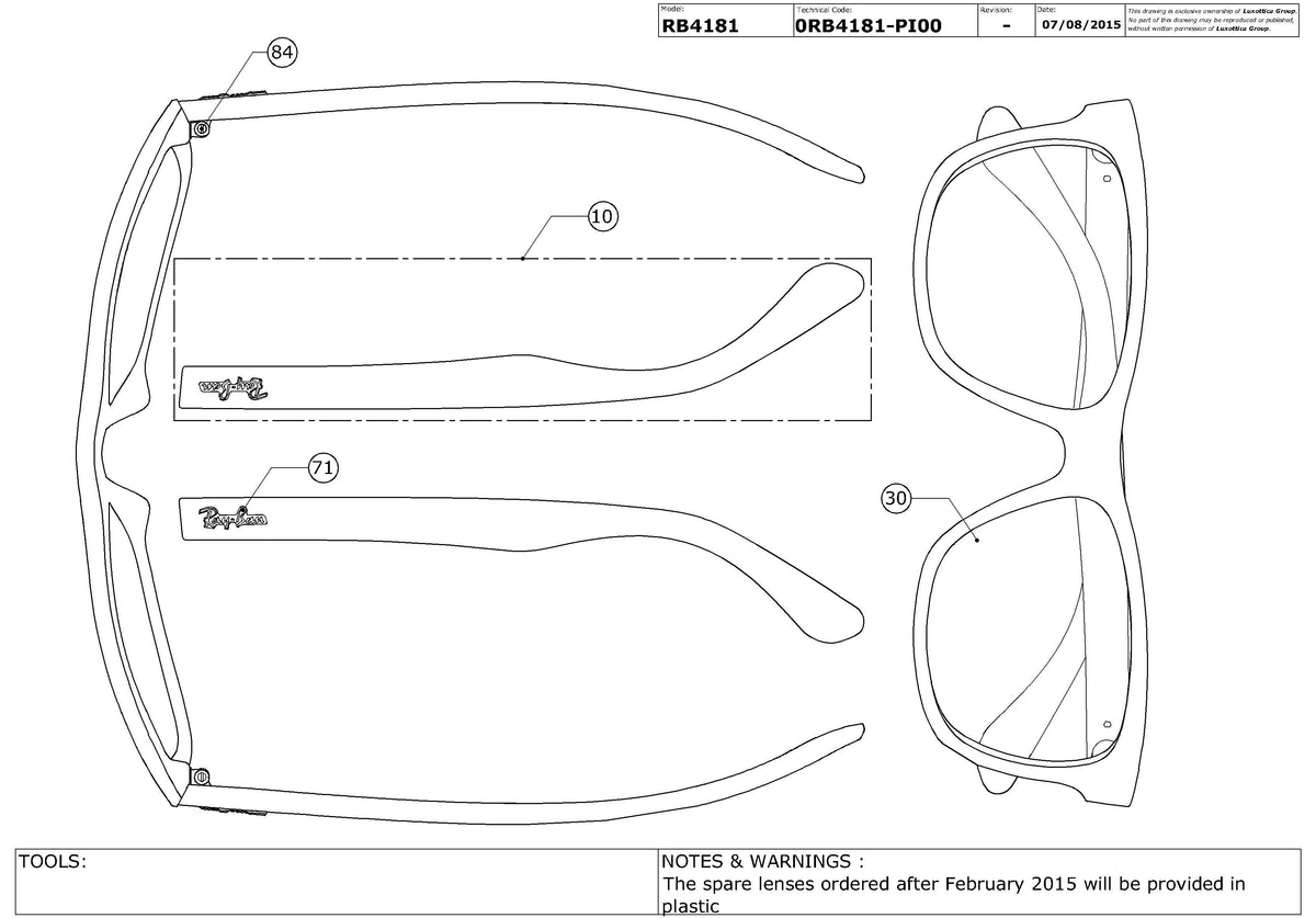 Enlarged technical drawing of the Ray-Ban RB4181 Replacement Parts