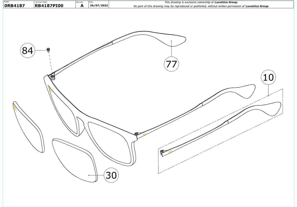 Enlarged technical drawing of the Ray-Ban Chris RB4187 Replacement Parts