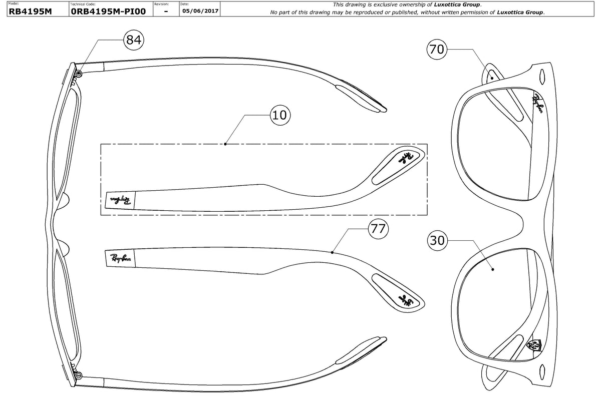 Exploded technical drawing of the Ray-Ban Ferrari RB4195M Replacement Parts, with each replacement part numbered