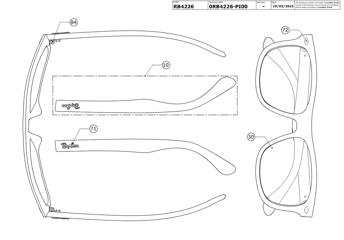 Exploded technical drawing of the Ray-Ban RB4226 Replacement Parts, with each replacement part numbered